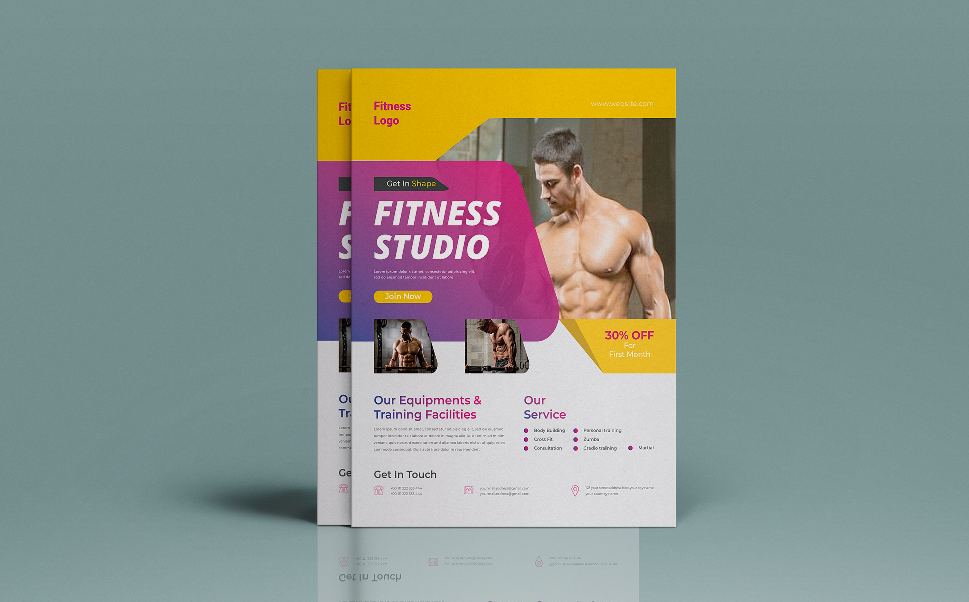 Download Фирменный стиль "Fitness Flyer - Corporate Identity Template" / Fitness Flyer - Corporate Identity Template - Фирменный стиль на тему графика flyer,creative,coroorate,company,template,pages,business,education,fitness,gym,report,medical,hospital,party,dance,concept,body,shape,profile,book,late