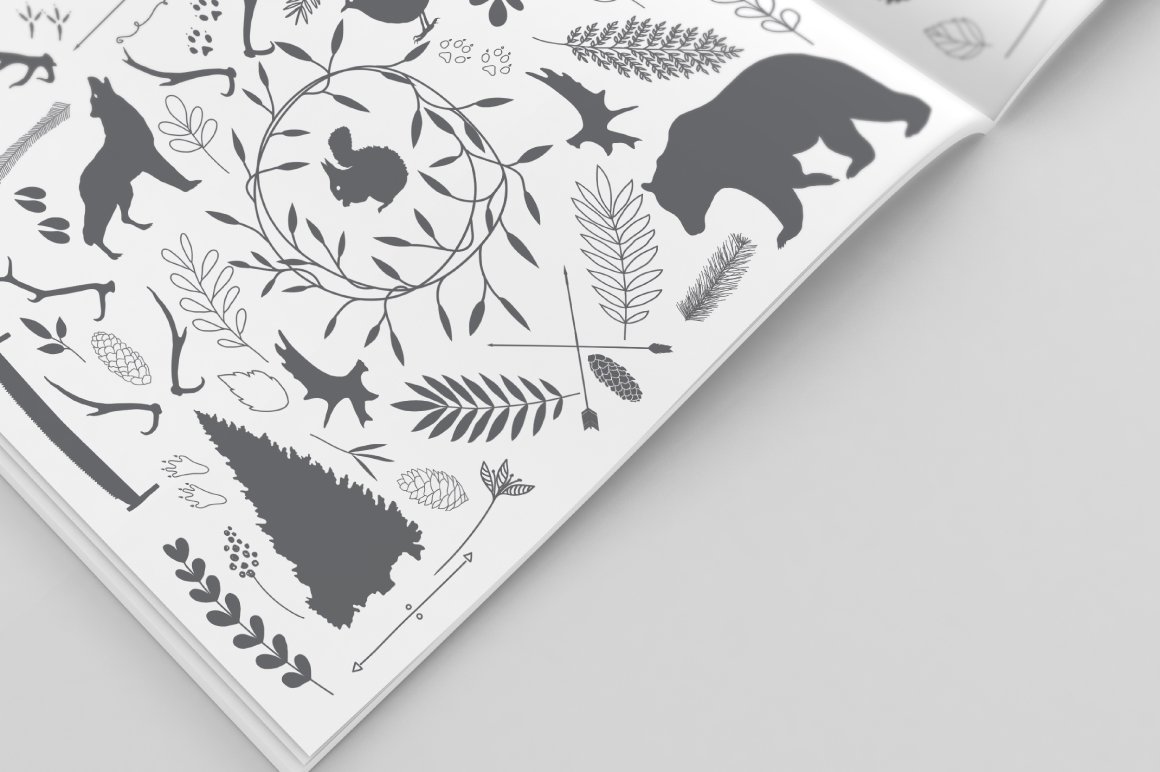 Download Иллюстрация "100 Forest Elements - Illustration" / 100 Forest Elements - Illustration - Иллюстрация на тему графика background wallpaper fabric flower floral florals wedding leaf leaves logo logos invitation card rsvp forest deer animals bear rabbit wood