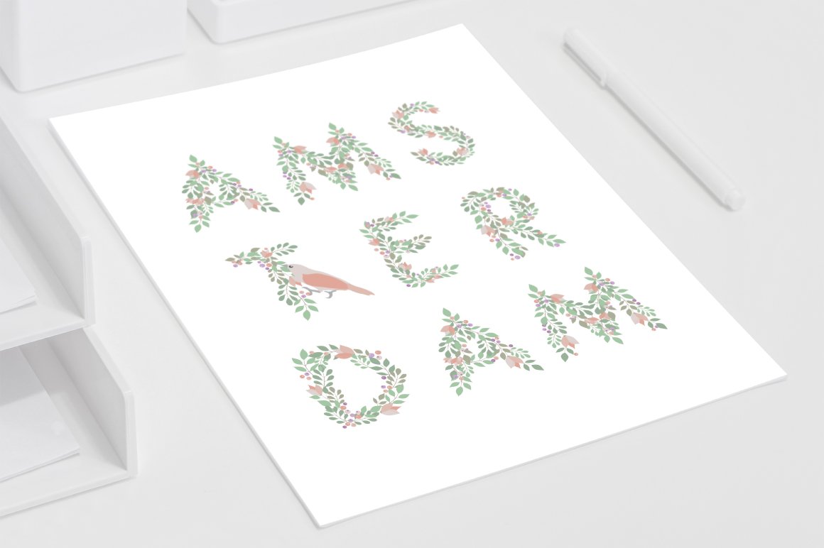 Download Иллюстрация "Floral Alphabet and Elements - Illustration" / Floral Alphabet and Elements - Illustration - Иллюстрация на тему графика alphabet numbers letter elements floral florals flower flowers botanical bird shape texture background wallpaper fabric wrapping paper pattern seamless flower