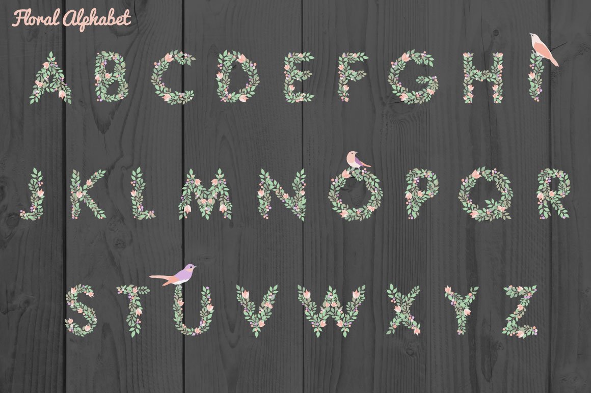 Download Иллюстрация "Floral Alphabet and Elements - Illustration" / Floral Alphabet and Elements - Illustration - Иллюстрация на тему графика alphabet numbers letter elements floral florals flower flowers botanical bird shape texture background wallpaper fabric wrapping paper pattern seamless flower