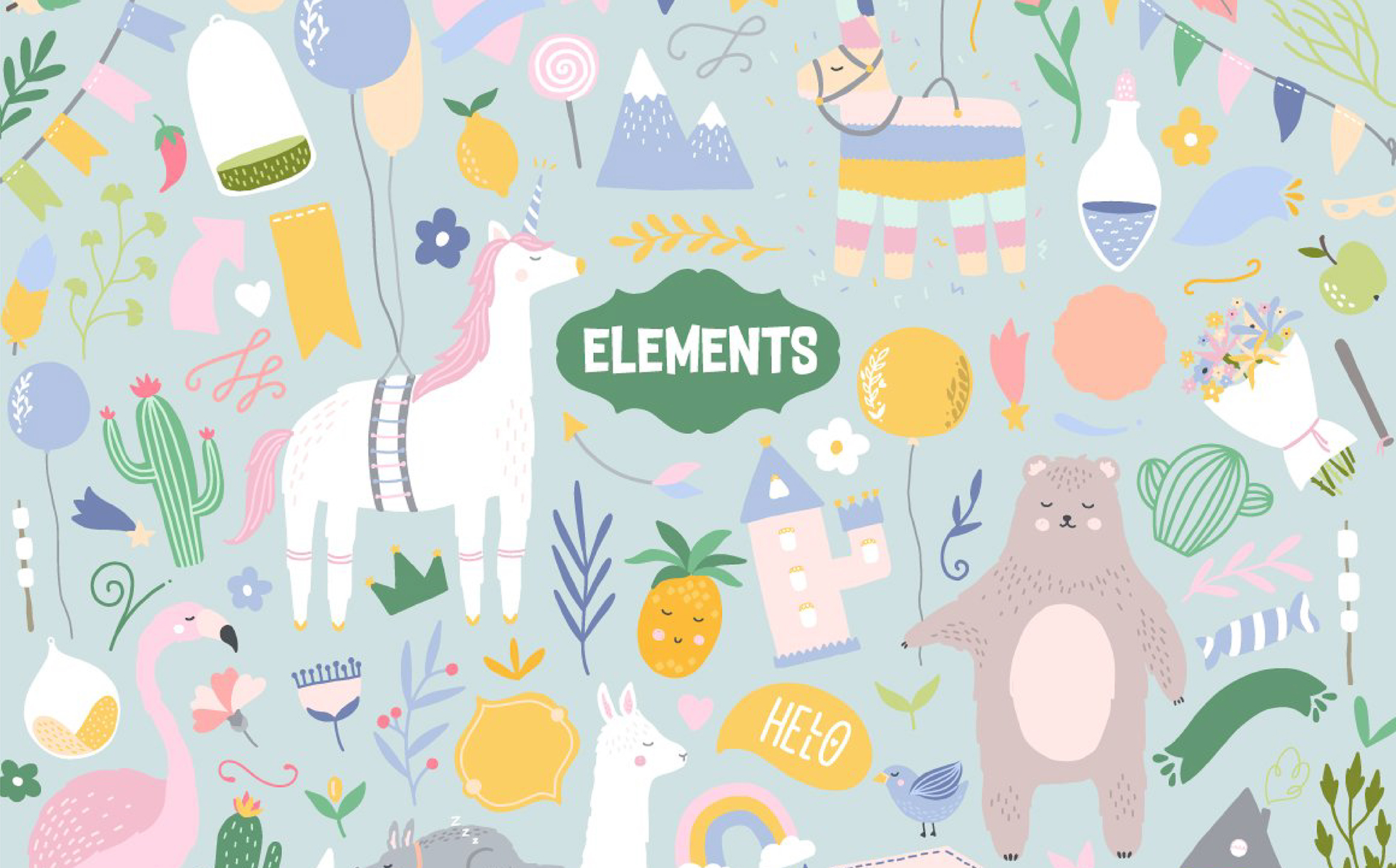 Download Иллюстрация "Very Friendly Collection - Illustration" / Very Friendly Collection - Illustration - Иллюстрация на тему графика plants decorative elements pattern friends party birthday castle princess unicorn llama rainbow bear animals cactus magic logo logos kids baby