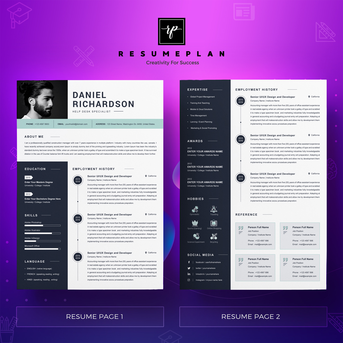 Download Резюме "Richardson Resume Template" / Richardson Resume Template - Резюме на тему графика a4 clean resume cv doc elegant template indesign infographic modern professional creative design minimal pages portfolio word us letter 3