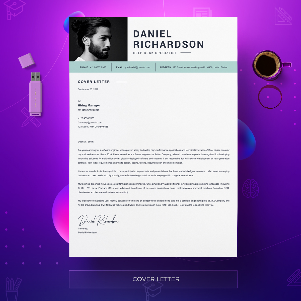 Download Резюме "Richardson Resume Template" / Richardson Resume Template - Резюме на тему графика a4 clean resume cv doc elegant template indesign infographic modern professional creative design minimal pages portfolio word us letter 3