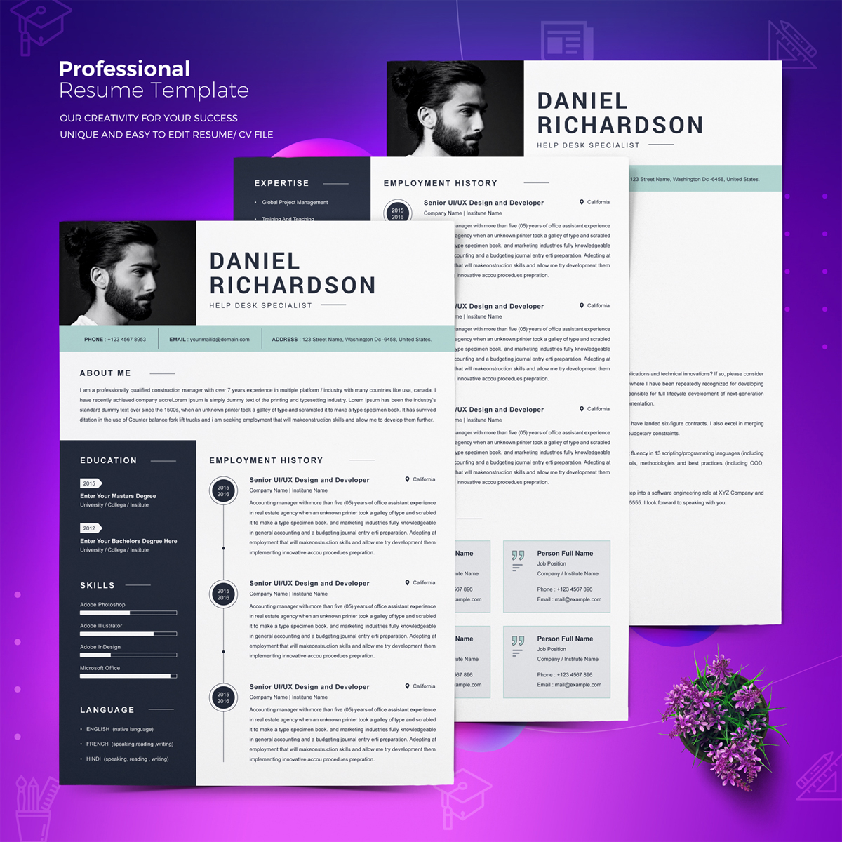 Download Резюме "Richardson Resume Template" / Richardson Resume Template - Резюме на тему графика a4 clean resume cv doc elegant template indesign infographic modern professional creative design minimal pages portfolio word us letter 3