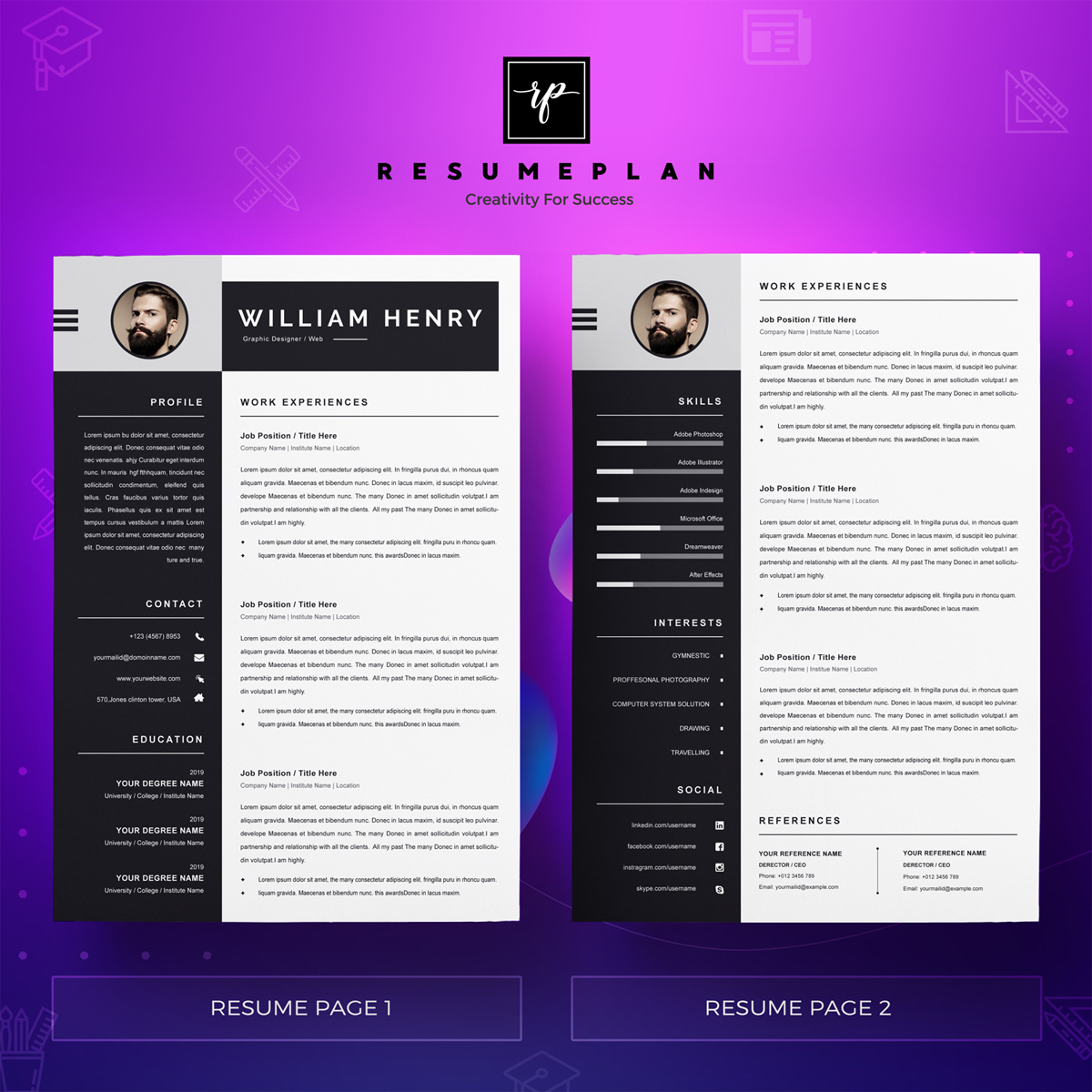 Download Резюме "Henry Resume Template" / Henry Resume Template - Резюме на тему графика a4 clean resume cv doc elegant template indesign infographic modern professional creative design minimal pages portfolio word us letter 3