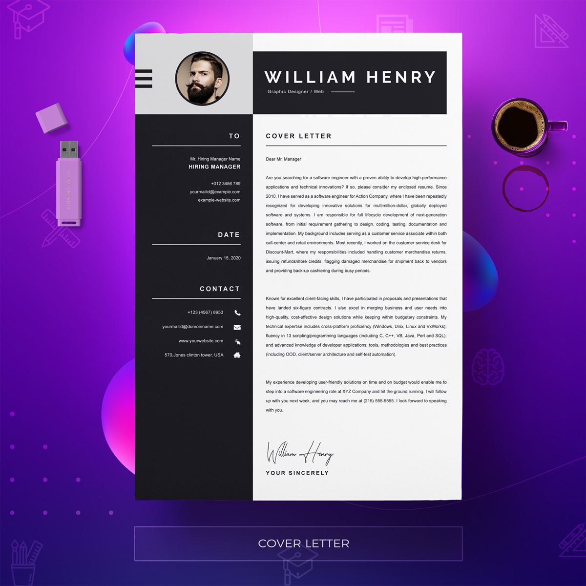 Download Резюме "Henry Resume Template" / Henry Resume Template - Резюме на тему графика a4 clean resume cv doc elegant template indesign infographic modern professional creative design minimal pages portfolio word us letter 3