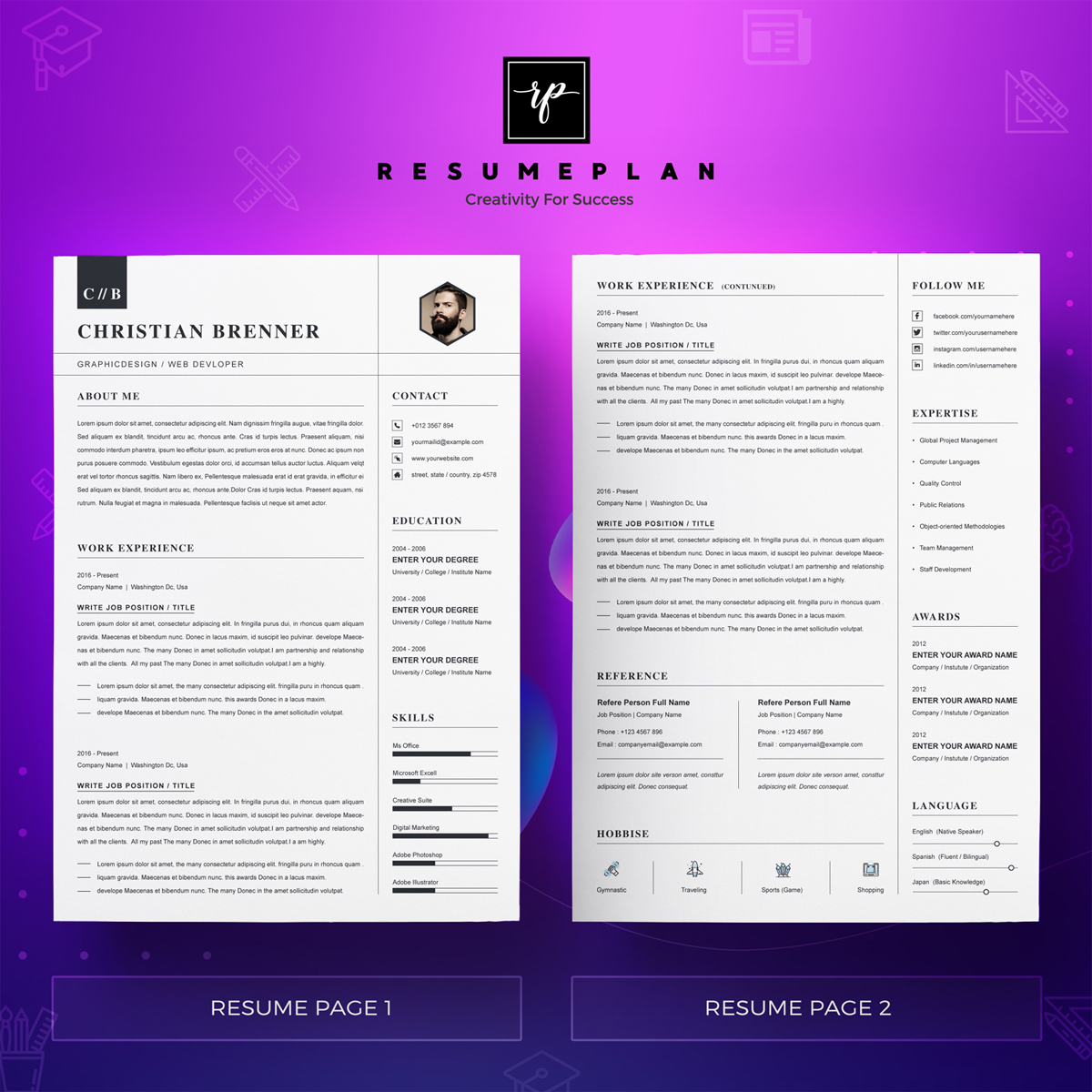 Download Резюме "Brenner Resume Template" / Brenner Resume Template - Резюме на тему графика a4 clean resume cv doc elegant template indesign infographic modern professional creative design minimal pages portfolio word us letter