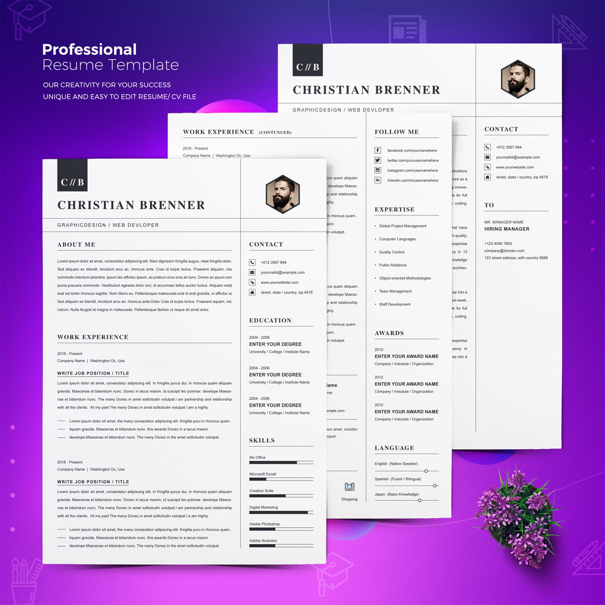 Download Резюме "Brenner Resume Template" / Brenner Resume Template - Резюме на тему графика a4 clean resume cv doc elegant template indesign infographic modern professional creative design minimal pages portfolio word us letter