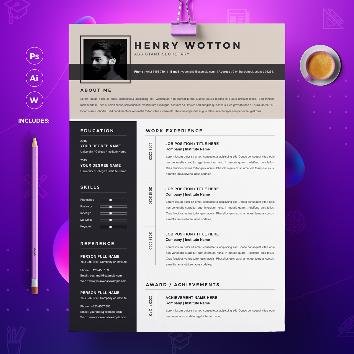 Download Резюме "Wotton Resume Template" / Wotton Resume Template - Резюме на тему графика a4 clean resume cv doc elegant template indesign infographic modern professional creative design minimal pages portfolio word us letter