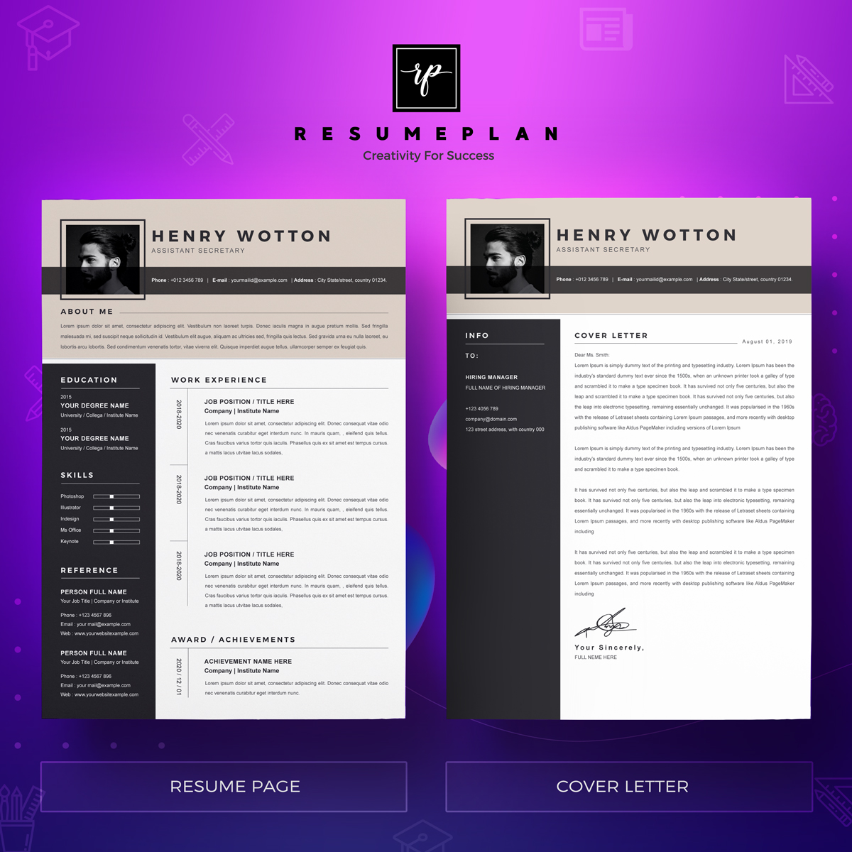 Download Резюме "Wotton Resume Template" / Wotton Resume Template - Резюме на тему графика a4 clean resume cv doc elegant template indesign infographic modern professional creative design minimal pages portfolio word us letter