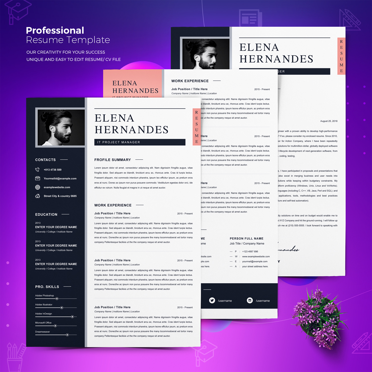 Download Резюме "Elena Resume Template" / Elena Resume Template - Резюме на тему графика a4 clean resume cv doc elegant template indesign infographic modern professional creative design minimal pages portfolio word us letter 3