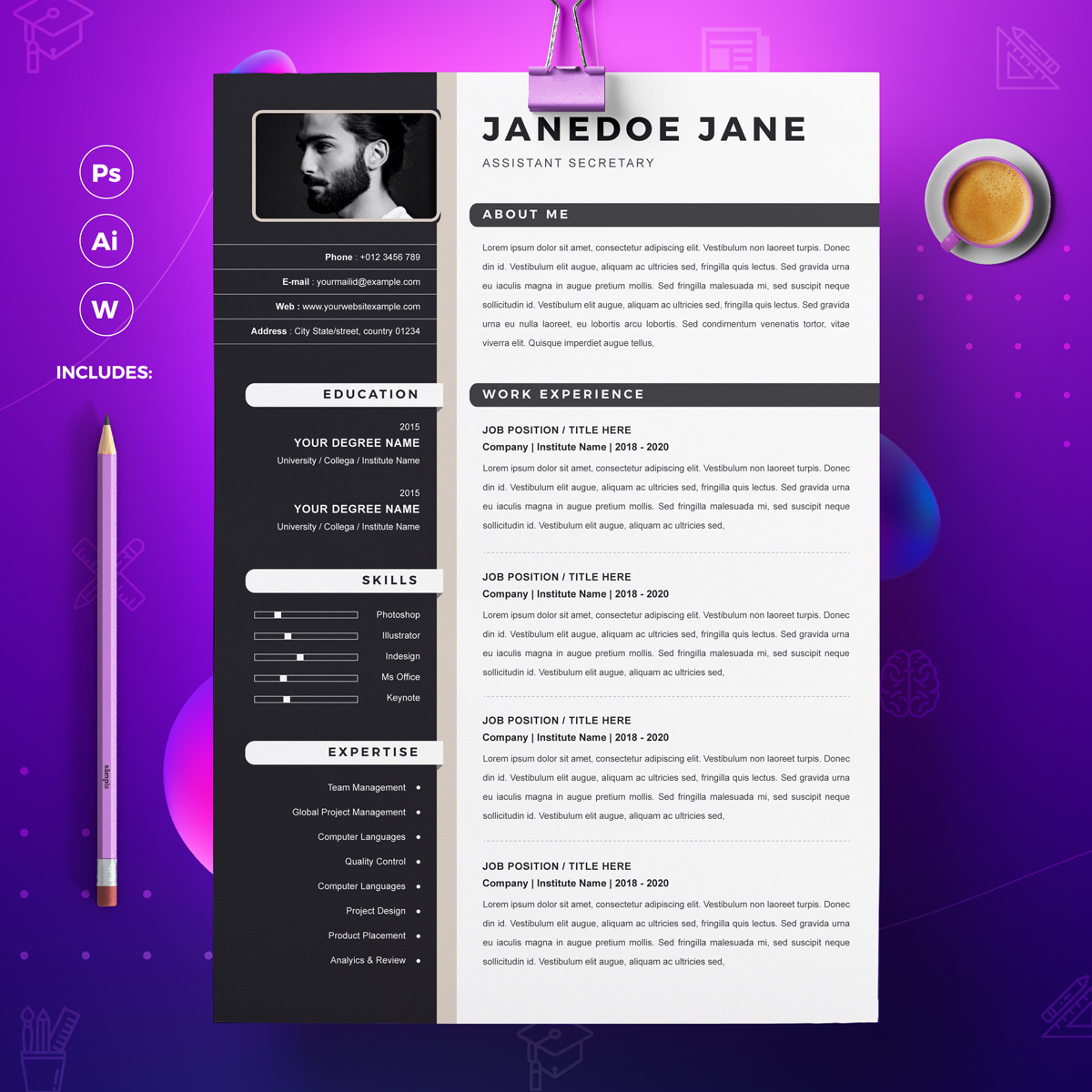 Download Резюме "Jane Resume Template" / Jane Resume Template - Резюме на тему графика a4 clean resume cv doc elegant template indesign infographic modern professional creative design minimal pages portfolio word us letter