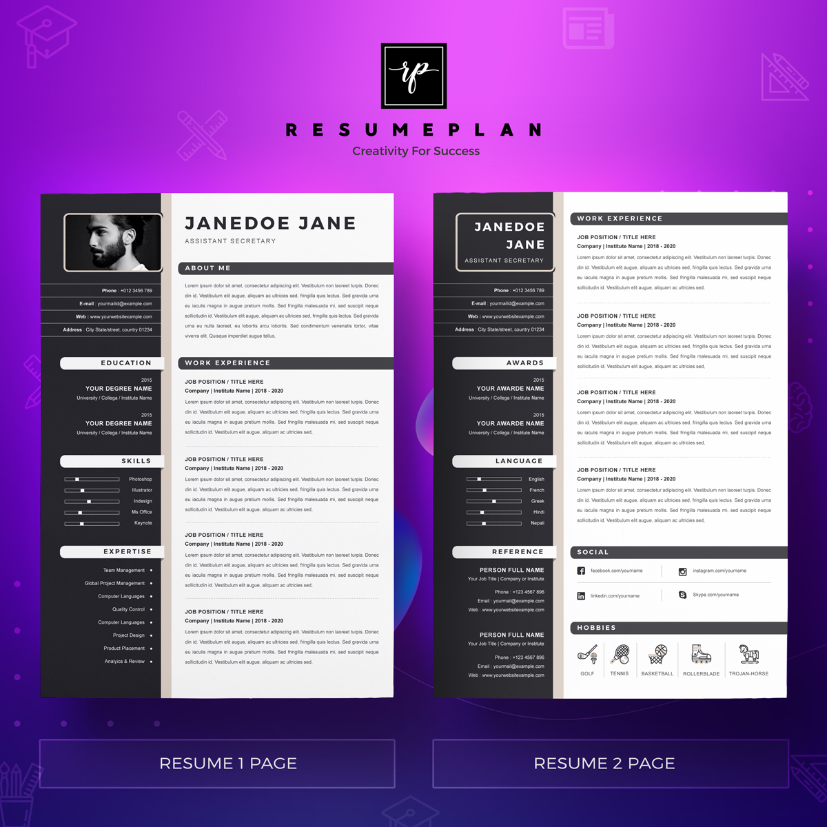 Download Резюме "Jane Resume Template" / Jane Resume Template - Резюме на тему графика a4 clean resume cv doc elegant template indesign infographic modern professional creative design minimal pages portfolio word us letter