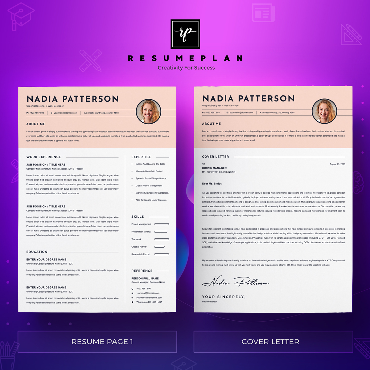 Download Резюме "Nadia Resume Template" / Nadia Resume Template - Резюме на тему графика a4 clean resume cv doc elegant template indesign infographic modern professional creative design minimal pages portfolio word us letter