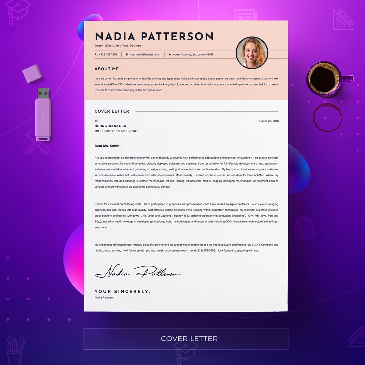 Download Резюме "Nadia Resume Template" / Nadia Resume Template - Резюме на тему графика a4 clean resume cv doc elegant template indesign infographic modern professional creative design minimal pages portfolio word us letter