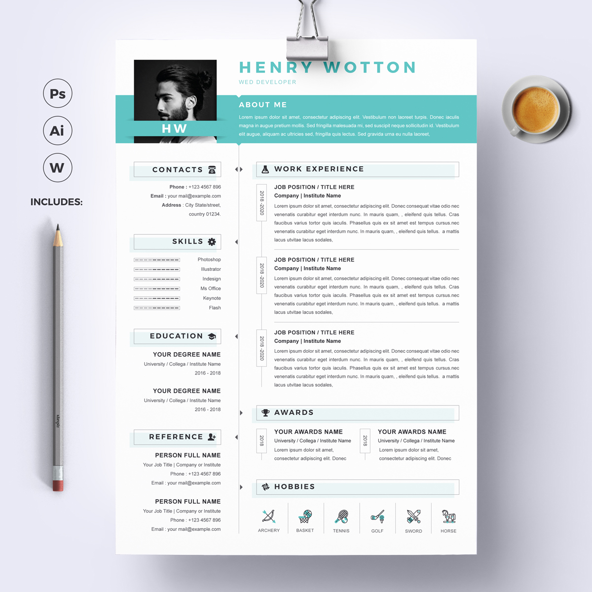 Download Резюме "Wotton Resume Template" / Wotton Resume Template - Резюме на тему графика a4 clean resume cv doc elegant template indesign infographic modern professional creative design minimal pages portfolio word us letter