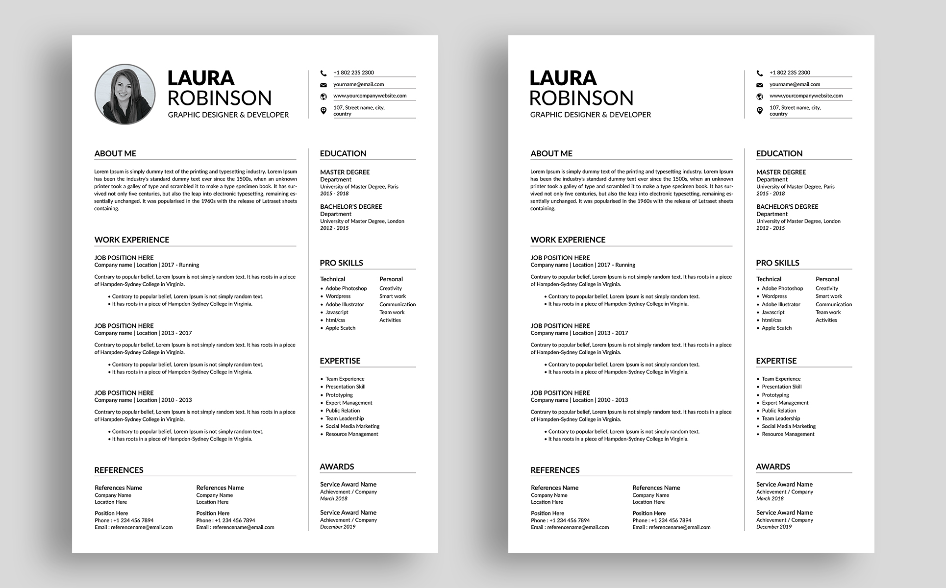 Download Резюме "Laura Robinson Resume Template" / Laura Robinson Resume Template - Резюме на тему графика clean cv design elegant resume female feminine infographic letter minimalist modern portfolio professional indesign minimal pages word template