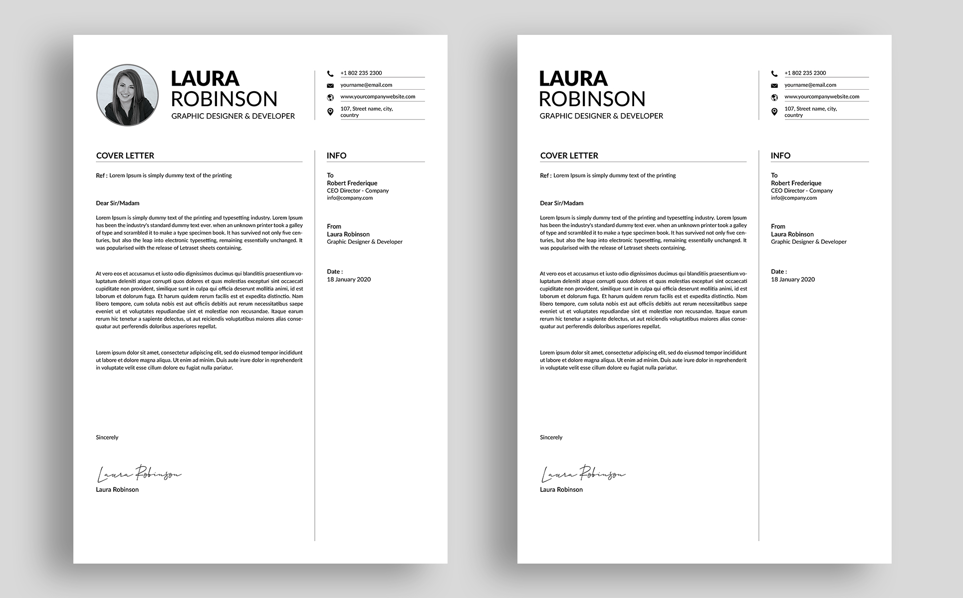 Download Резюме "Laura Robinson Resume Template" / Laura Robinson Resume Template - Резюме на тему графика clean cv design elegant resume female feminine infographic letter minimalist modern portfolio professional indesign minimal pages word template