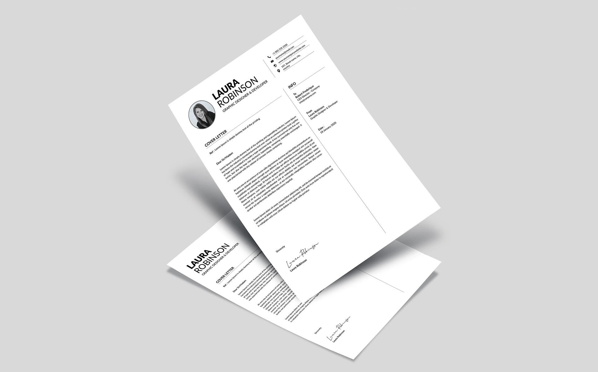 Download Резюме "Laura Robinson Resume Template" / Laura Robinson Resume Template - Резюме на тему графика clean cv design elegant resume female feminine infographic letter minimalist modern portfolio professional indesign minimal pages word template
