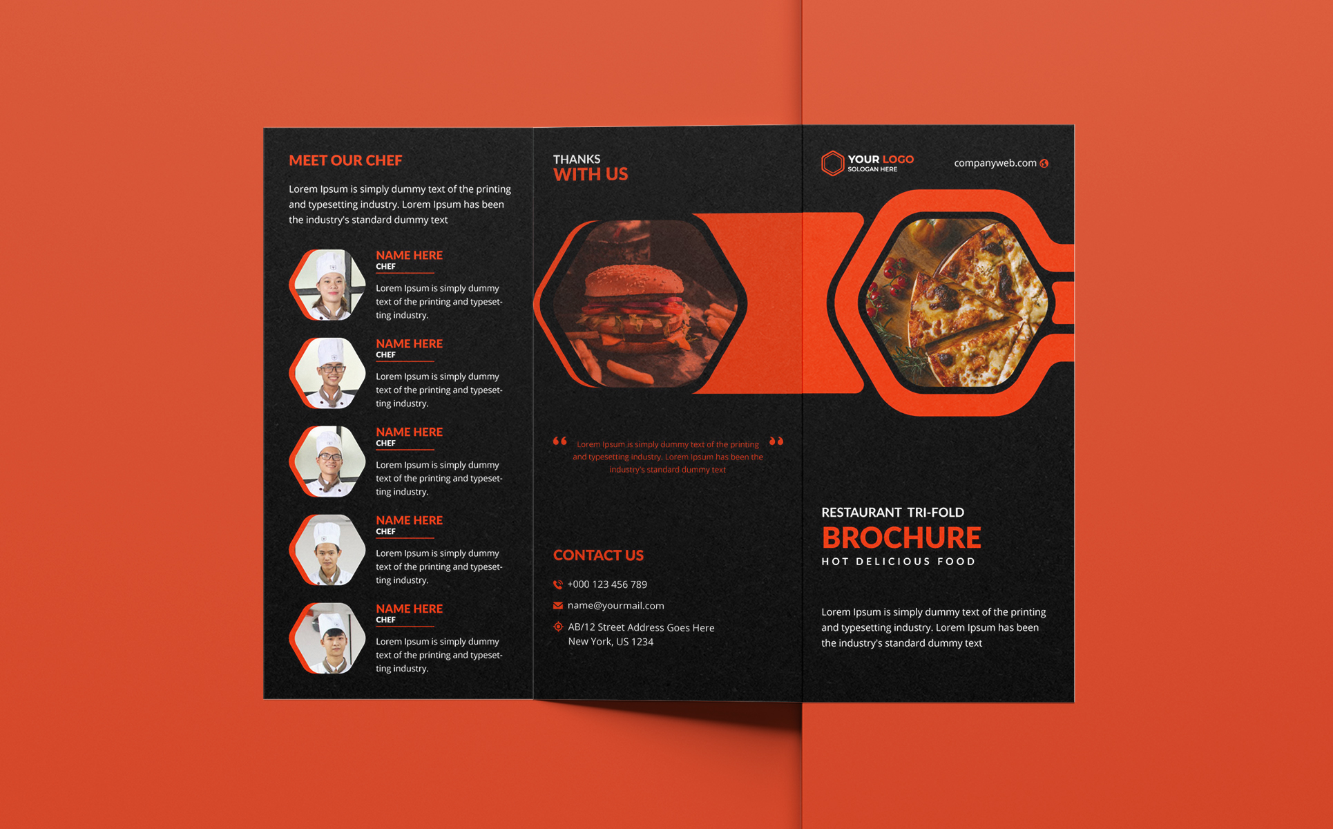 Download Фирменный стиль "Restaurant tri fold brochure - Corporate Identity Template" / Restaurant tri fold brochure - Corporate Identity Template - Фирменный стиль на тему графика brochure restaurant tri-fold brochure menu flyer poster cover design template template layout leaflet color promotion catalog bi-fold document trifold bifold