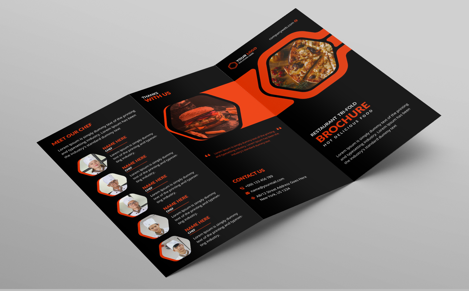 Download Фирменный стиль "Restaurant tri fold brochure - Corporate Identity Template" / Restaurant tri fold brochure - Corporate Identity Template - Фирменный стиль на тему графика brochure restaurant tri-fold brochure menu flyer poster cover design template template layout leaflet color promotion catalog bi-fold document trifold bifold