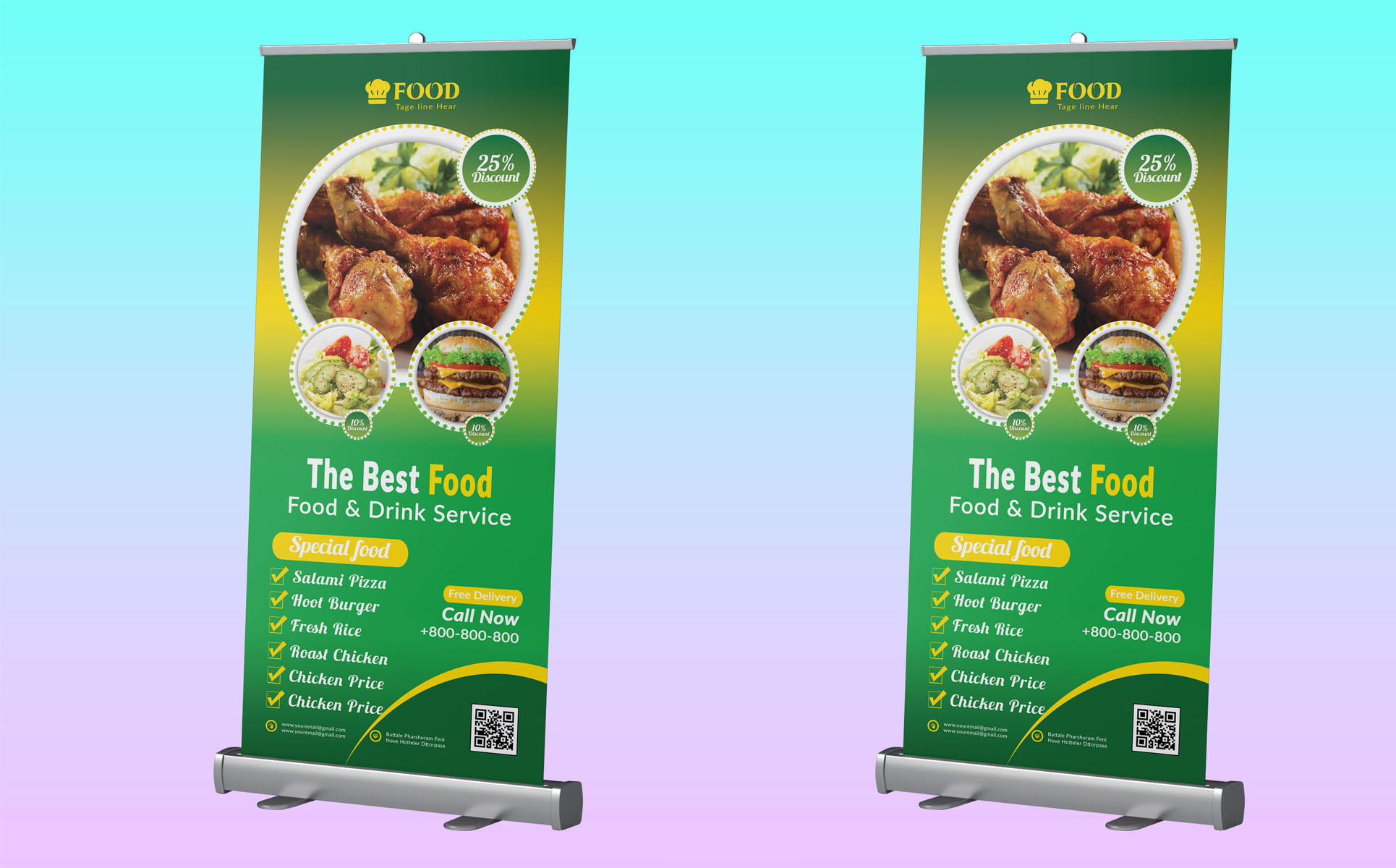 Download Фирменный стиль "Restaurant Roll up Banner Design - Corporate Identity Template" / Restaurant Roll up Banner Design - Corporate Identity Template - Фирменный стиль на тему графика fast,food,roll,up,signage,product,banner,foods,graphic,design,magazine,modern,brochure,red,blue,green,restaurant,small,business,template
