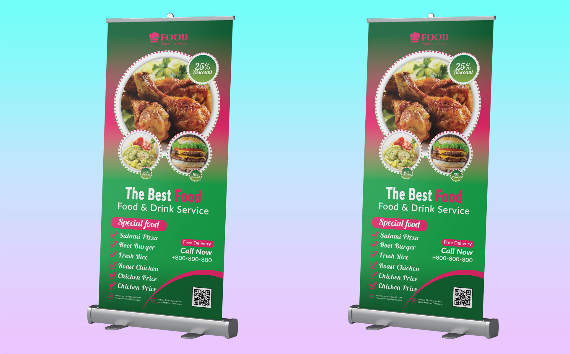 Download Фирменный стиль "Restaurant Roll up Banner Design - Corporate Identity Template" / Restaurant Roll up Banner Design - Corporate Identity Template - Фирменный стиль на тему графика fast,food,roll,up,signage,product,banner,foods,graphic,design,magazine,modern,brochure,red,blue,green,restaurant,small,business,template
