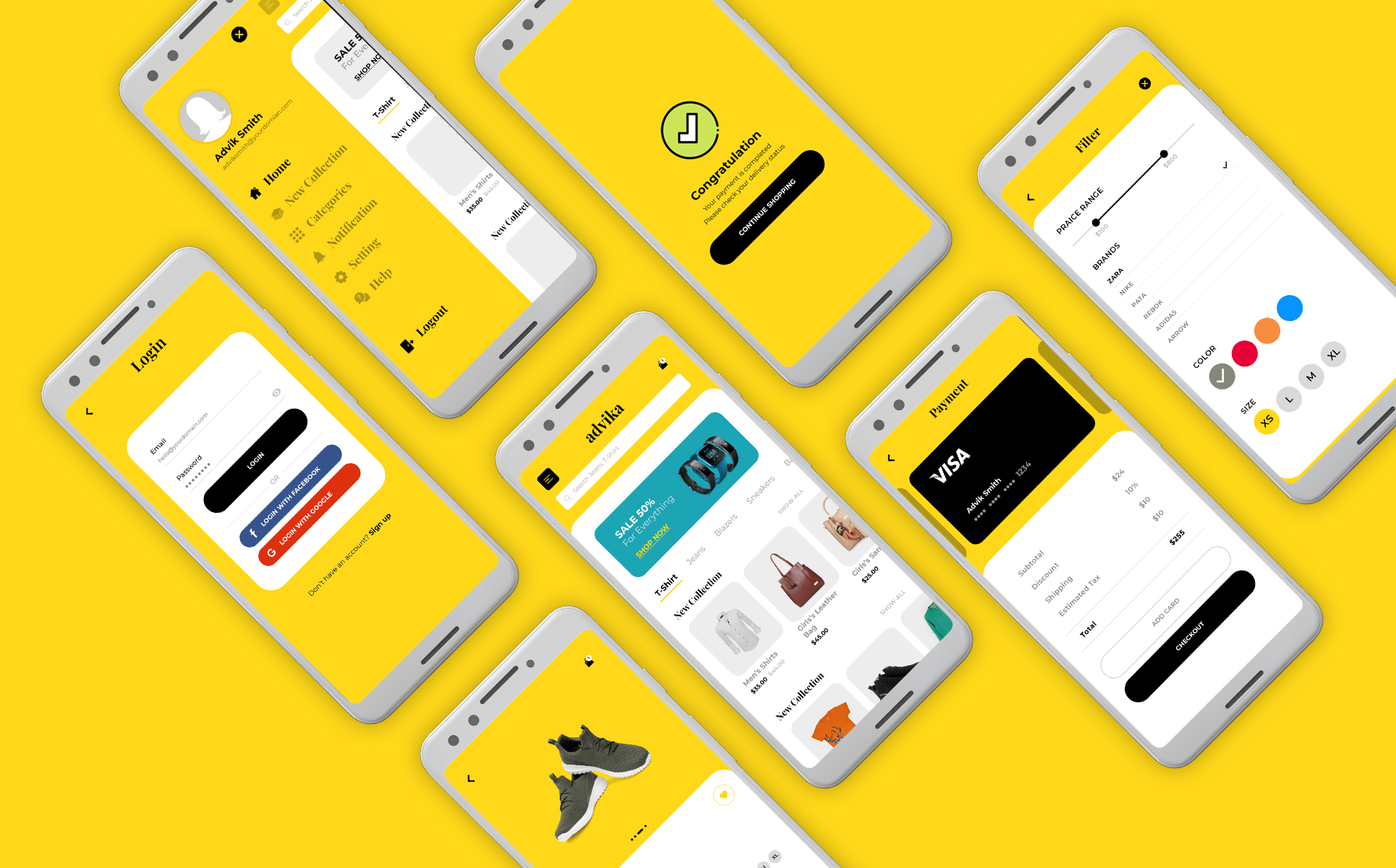 Download PSD шаблон "Advika PSD Template" / Advika PSD Template - PSD шаблон на тему магазин обуви photoshop mobile apps ecommerce application app design ui ux interface