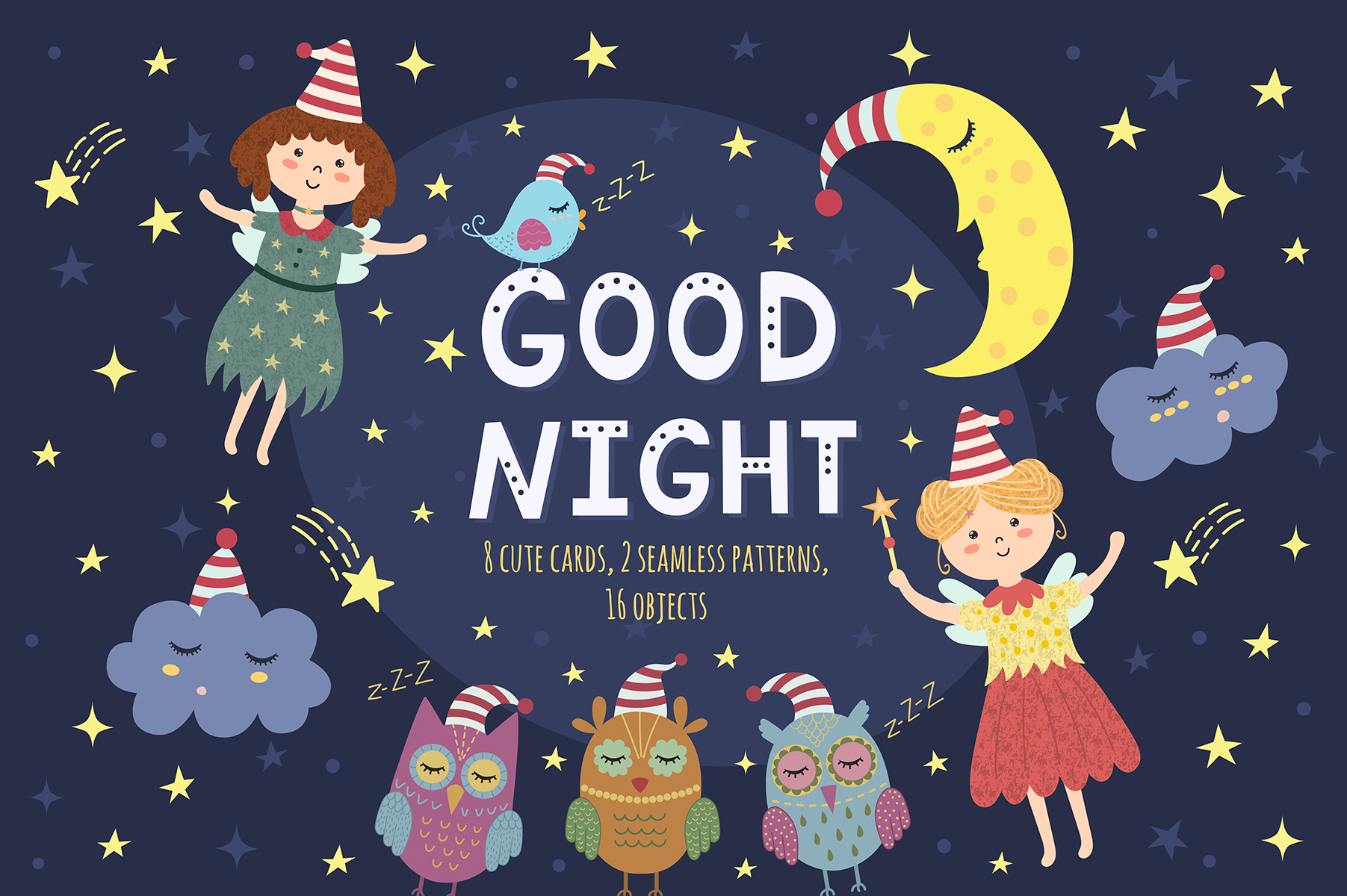 Download Иллюстрация "Good Night Vol. 1: patterns & cards - Illustration" / Good Night Vol. 1: patterns & cards - Illustration - Иллюстрация на тему графика good night sweet dreams seamless pattern print card greeting background postcard moon fairy poster nursery sleep cartoon cute funny graphic