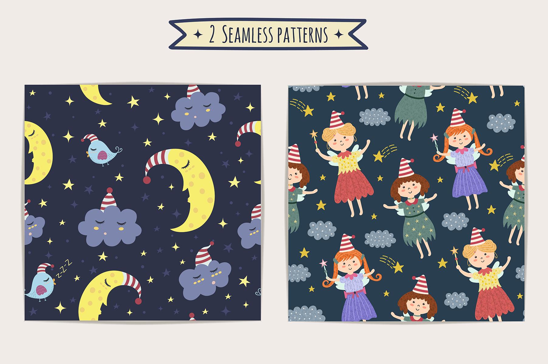 Download Иллюстрация "Good Night Vol. 1: patterns & cards - Illustration" / Good Night Vol. 1: patterns & cards - Illustration - Иллюстрация на тему графика good night sweet dreams seamless pattern print card greeting background postcard moon fairy poster nursery sleep cartoon cute funny graphic