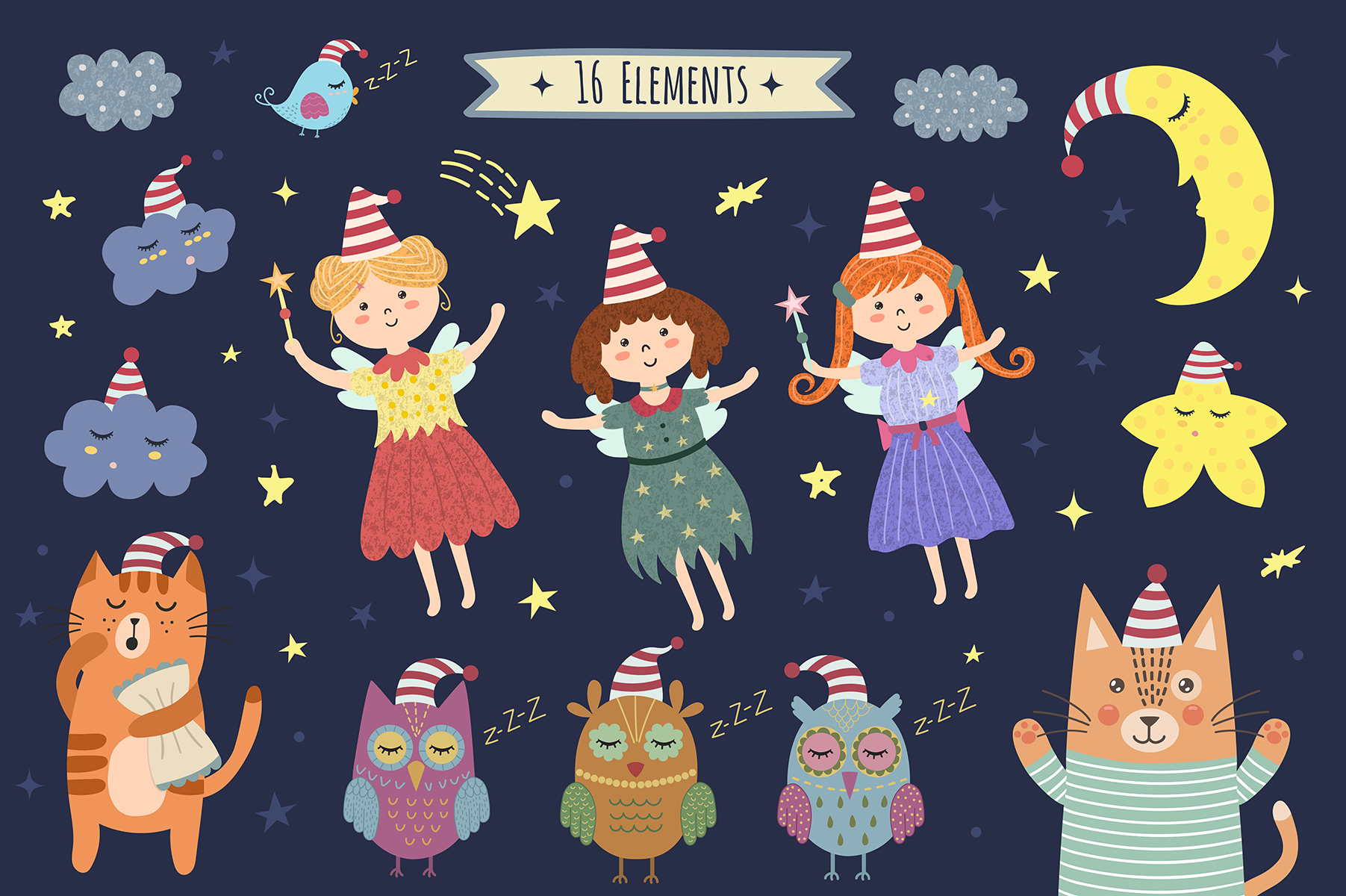 Download Иллюстрация "Good Night Vol. 1: patterns & cards - Illustration" / Good Night Vol. 1: patterns & cards - Illustration - Иллюстрация на тему графика good night sweet dreams seamless pattern print card greeting background postcard moon fairy poster nursery sleep cartoon cute funny graphic