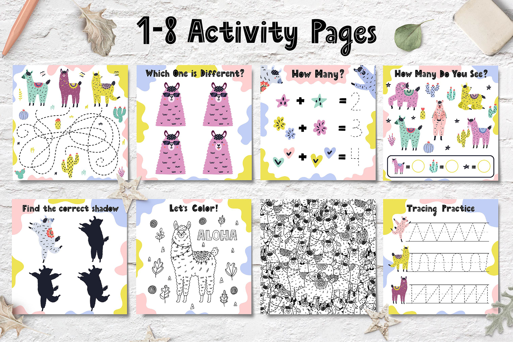 Download Иллюстрация "Llama Activities Collection - Illustration" / Llama Activities Collection - Illustration - Иллюстрация на тему графика activity,page,book,kids,maze,game,printable,dot,connect,labyrinth,coloring,puzzle,worksheet,llama,learning,collection,preschool,toddler,education,kindergarten