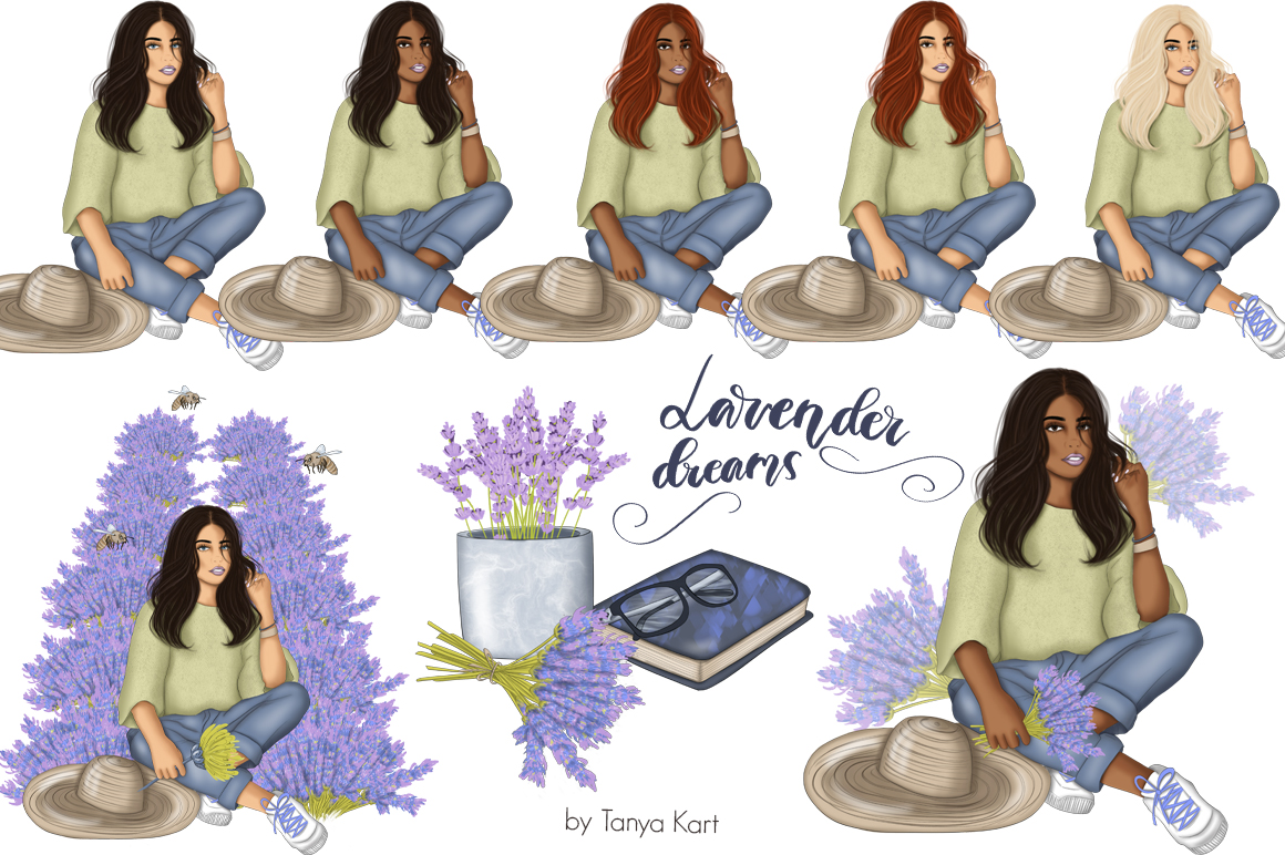 Download Иллюстрация "Lavender Dreams Clipart - Illustration" / Lavender Dreams Clipart - Illustration - Иллюстрация на тему графика planner stickers african american fashion illustration watercolor clipart girl afro babe lavender spring florals flowers dreams handdrawn graphics sublimation design