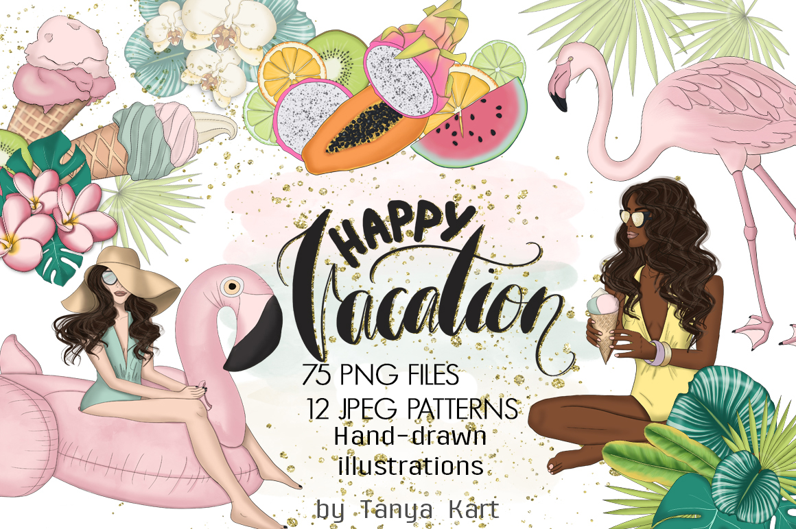 Download Иллюстрация "Happy Vacation Summer Design Kit - Illustration" / Happy Vacation Summer Design Kit - Illustration - Иллюстрация на тему графика vacation design illustrations seamless patterns summer paper hawaii fruits floral flowers girls journey travel tourism ocean relax