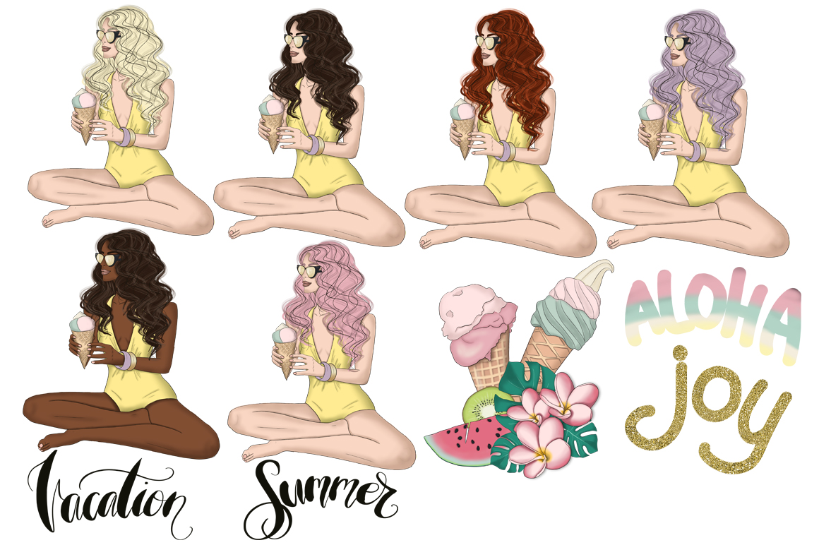 Download Иллюстрация "Happy Vacation Summer Design Kit - Illustration" / Happy Vacation Summer Design Kit - Illustration - Иллюстрация на тему графика vacation design illustrations seamless patterns summer paper hawaii fruits floral flowers girls journey travel tourism ocean relax