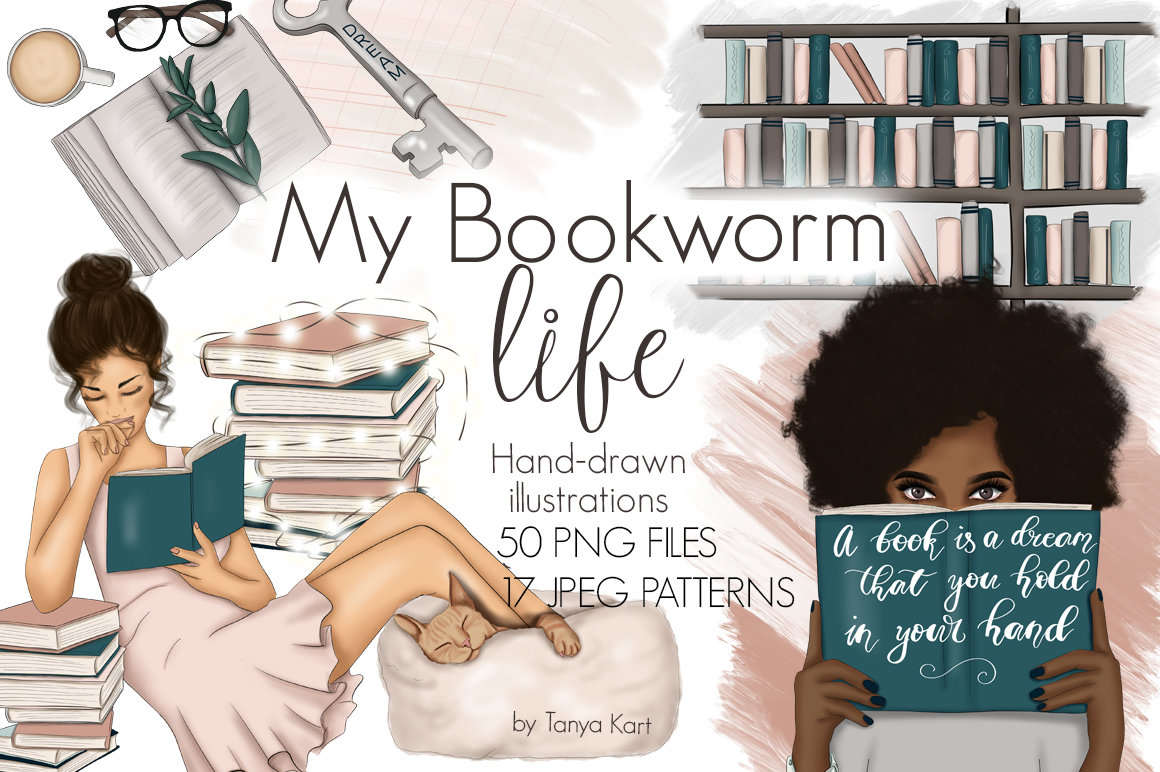 Download Иллюстрация "My Bookworm Life Clipart & Patterns - Illustration" / My Bookworm Life Clipart & Patterns - Illustration - Иллюстрация на тему графика bookworm life clipart patterns texture papers sublimation fashion illustration booklife booklover girls planner srickers library books design reading learning knowledge