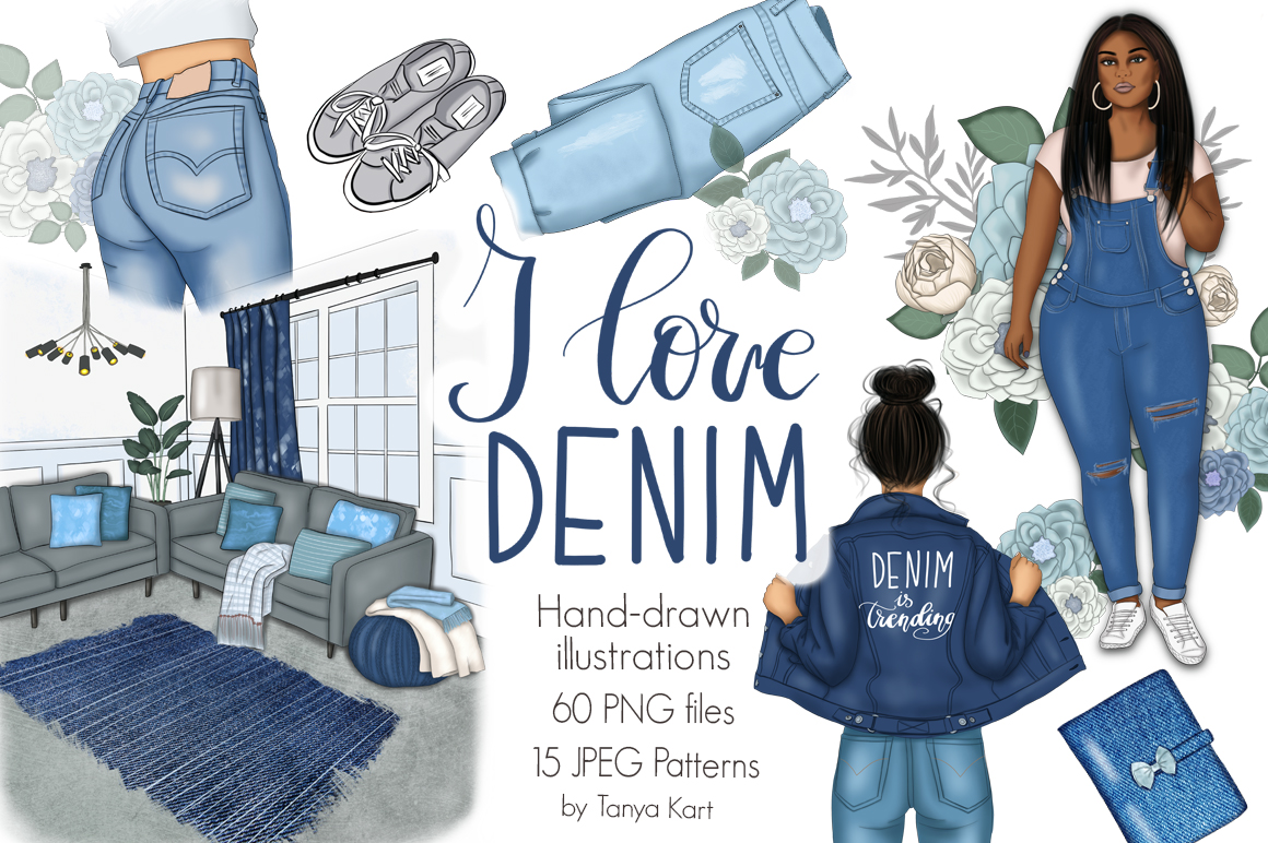 Download Иллюстрация "I Love Denim Clipart & Patterns - Illustration" / I Love Denim Clipart & Patterns - Illustration - Иллюстрация на тему графика girl floral flowers planner fashion illustration navy blue denim papers patterns jeans clipart collection clothing wear jacket text woman design