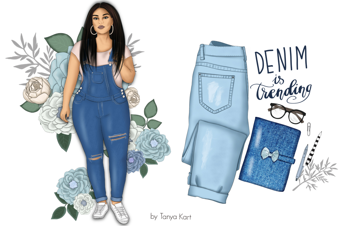 Download Иллюстрация "I Love Denim Clipart & Patterns - Illustration" / I Love Denim Clipart & Patterns - Illustration - Иллюстрация на тему графика girl floral flowers planner fashion illustration navy blue denim papers patterns jeans clipart collection clothing wear jacket text woman design