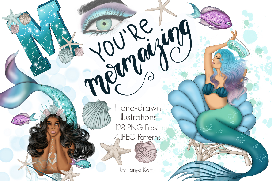 Download Иллюстрация "You're Mermaizing Clipart & Patterns - Illustration" / You're Mermaizing Clipart & Patterns - Illustration - Иллюстрация на тему графика mermaizing clipart patterns design patterned surface nautical turquoise girls stickers planner paper coral reef texture sea jellyfish seashell blue undine