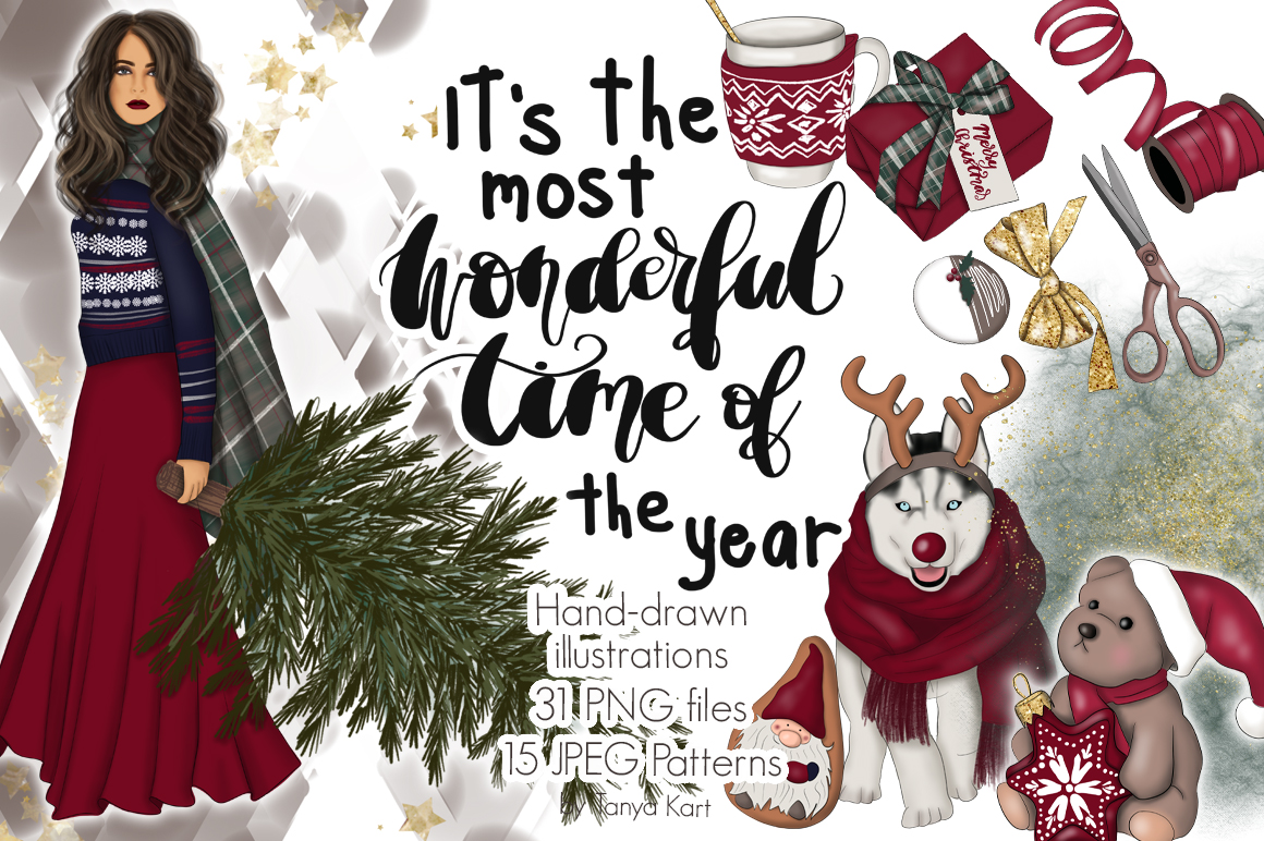 Download Иллюстрация "Wonderful Time Clipart & Patterns - Illustration" / Wonderful Time Clipart & Patterns - Illustration - Иллюстрация на тему графика bear sublimation surface girls dog christmas new year reindeer sticker noel pattern clipart scrapbooking frozen tree winter illustration xmas snow