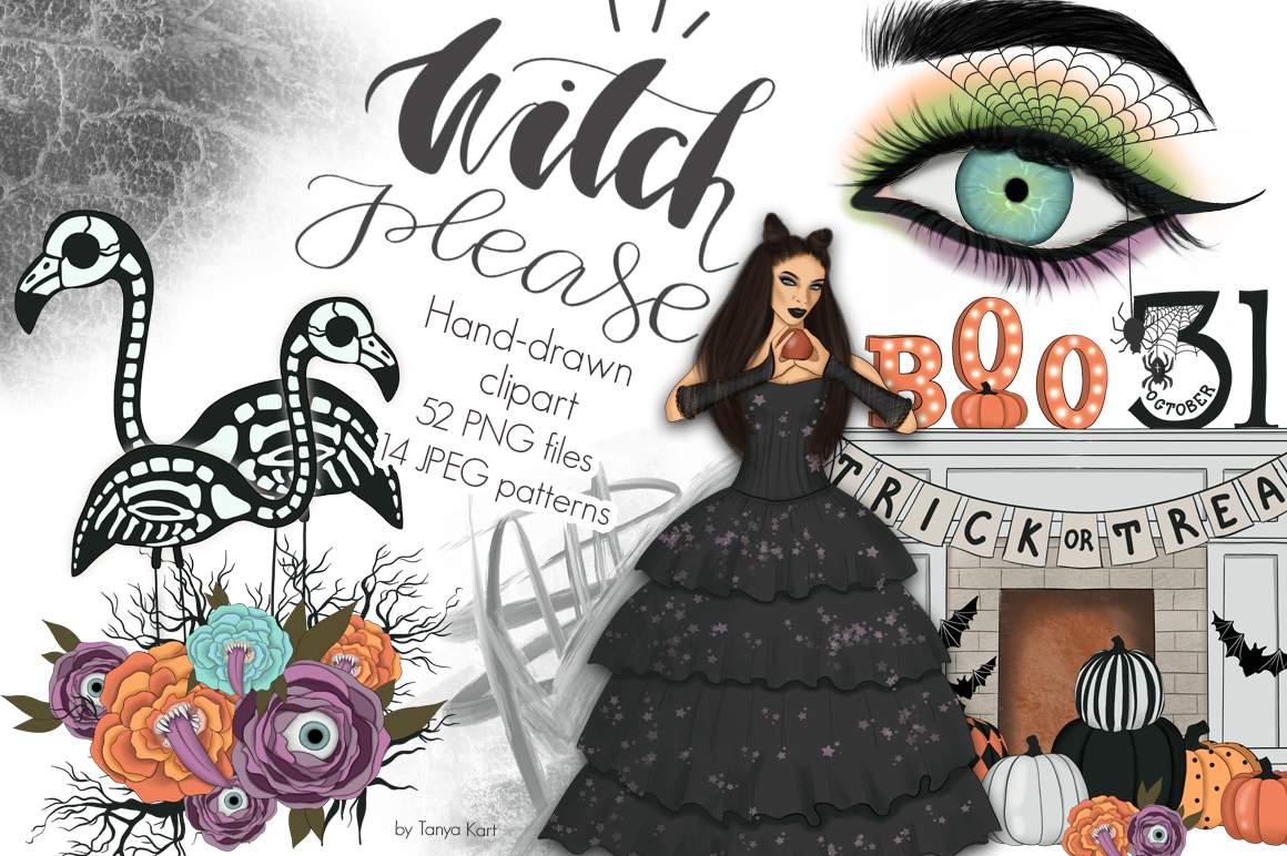 Download Иллюстрация "Witch Please Halloween Design Kit - Illustration" / Witch Please Halloween Design Kit - Illustration - Иллюстрация на тему графика haloween design illustrations seamless patterns clipart invitation girls planner boo moon spider flowers flamingo fall thanksgiving october pumpkin autumn scary