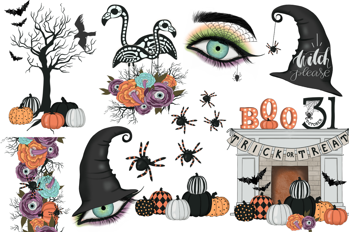 Download Иллюстрация "Witch Please Halloween Design Kit - Illustration" / Witch Please Halloween Design Kit - Illustration - Иллюстрация на тему графика haloween design illustrations seamless patterns clipart invitation girls planner boo moon spider flowers flamingo fall thanksgiving october pumpkin autumn scary