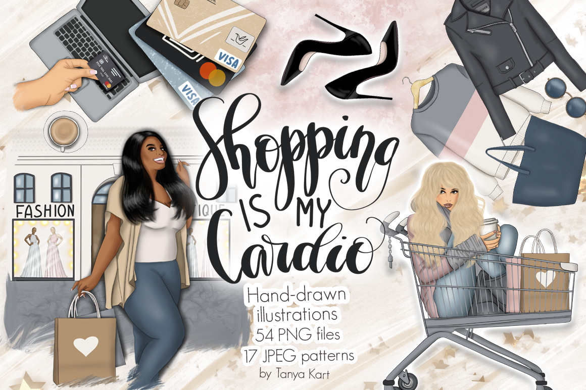 Download Иллюстрация "Shopping Is My Cardio Clipart & Patterns - Illustration" / Shopping Is My Cardio Clipart & Patterns - Illustration - Иллюстрация на тему графика shopping,sale,black,friday,cardio,girls,surface,pattern,paper,digital,illustration,fashion,blog,clipart,dress,clothing,cyber,monday,planner,stickers