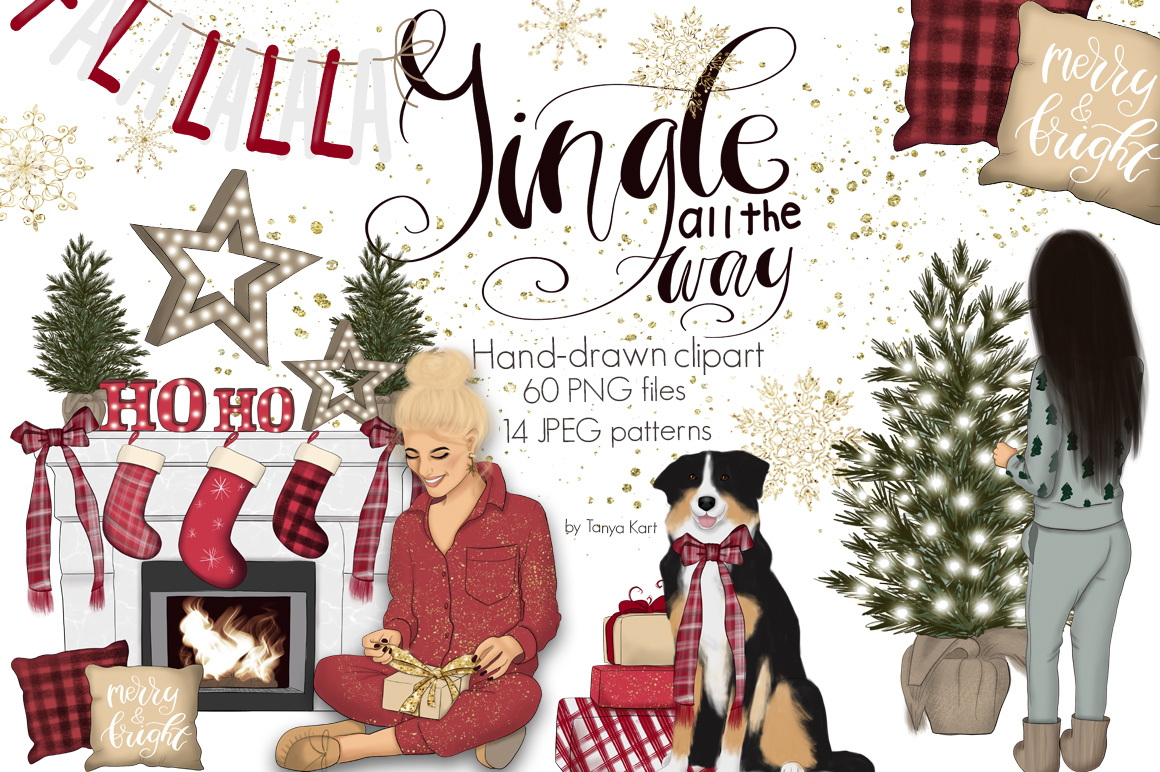 Download Иллюстрация "Jingle All The Way Design Kit - Illustration" / Jingle All The Way Design Kit - Illustration - Иллюстрация на тему графика noel golden heart bird christmas winter xmas new year snowflakes merry pattern paper clipart scrapbook deer cozy dog girls lettering