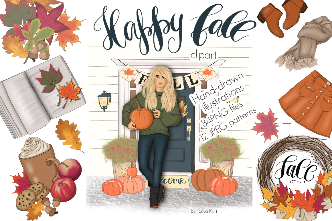 Download Иллюстрация "Happy Fall Autumn Design Kit - Illustration" / Happy Fall Autumn Design Kit - Illustration - Иллюстрация на тему графика happy fall design illustrations seamless patterns plant wreath autumn thanksgiving girls orange pumpkin vegetable october halloween planner scrapbook stickers blog