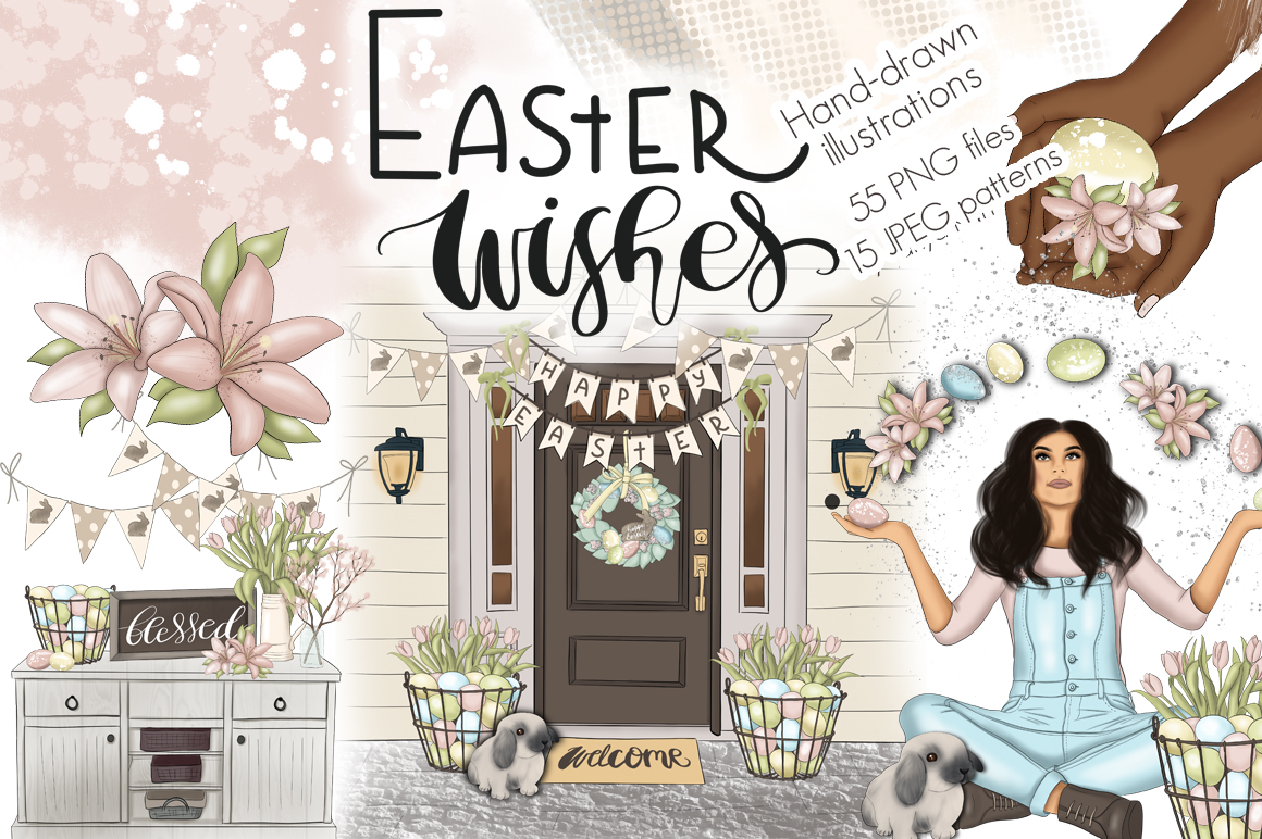 Download Иллюстрация "Easter Wishes Graphic Design Kit - Illustration" / Easter Wishes Graphic Design Kit - Illustration - Иллюстрация на тему графика easter,wishes,graphic,design,kit,illustrations,patterns,paper,eggs,bunny,rabbit,spring,girly,clipart,floral,blue,flowers,texture,lettering,invitation