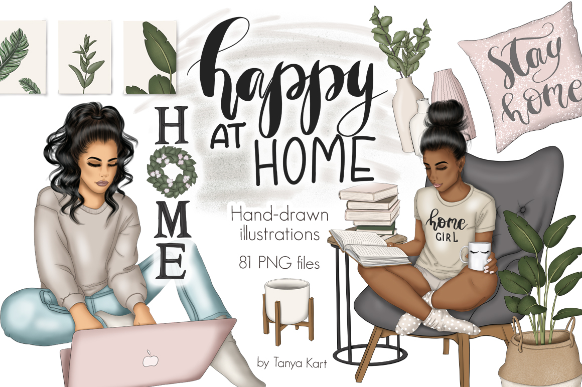 Download Иллюстрация "Happy At Home Clipart & Patterns - Illustration" / Happy At Home Clipart & Patterns - Illustration - Иллюстрация на тему графика stay,home,illustrator,lockout,working,girl,clipart,planner,fashion,illustration,reading,papers,surface,patterns,career,life,quarantine,wife,artwork,sticker