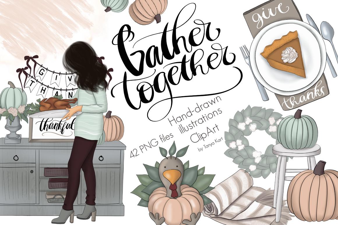 Download Иллюстрация "Gather Together Graphic Design Kit - Illustration" / Gather Together Graphic Design Kit - Illustration - Иллюстрация на тему графика fall,give,thanks,autumn,thanksgiving,gather,together,graphic,design,kit,illustrations,patterns,paper,surface,girls,stickers,planner,blog,holiday,lettering