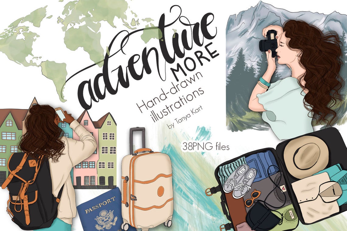 Download Иллюстрация "Adventure More Hand Drawn Design Kit - Illustration" / Adventure More Hand Drawn Design Kit - Illustration - Иллюстрация на тему графика adventure,stickers,blog,clipart,girls,travel,illustration,planning,summer,tourism,world,trip,map,explore,vacation,journey,pattern,paper,mountains,fashion