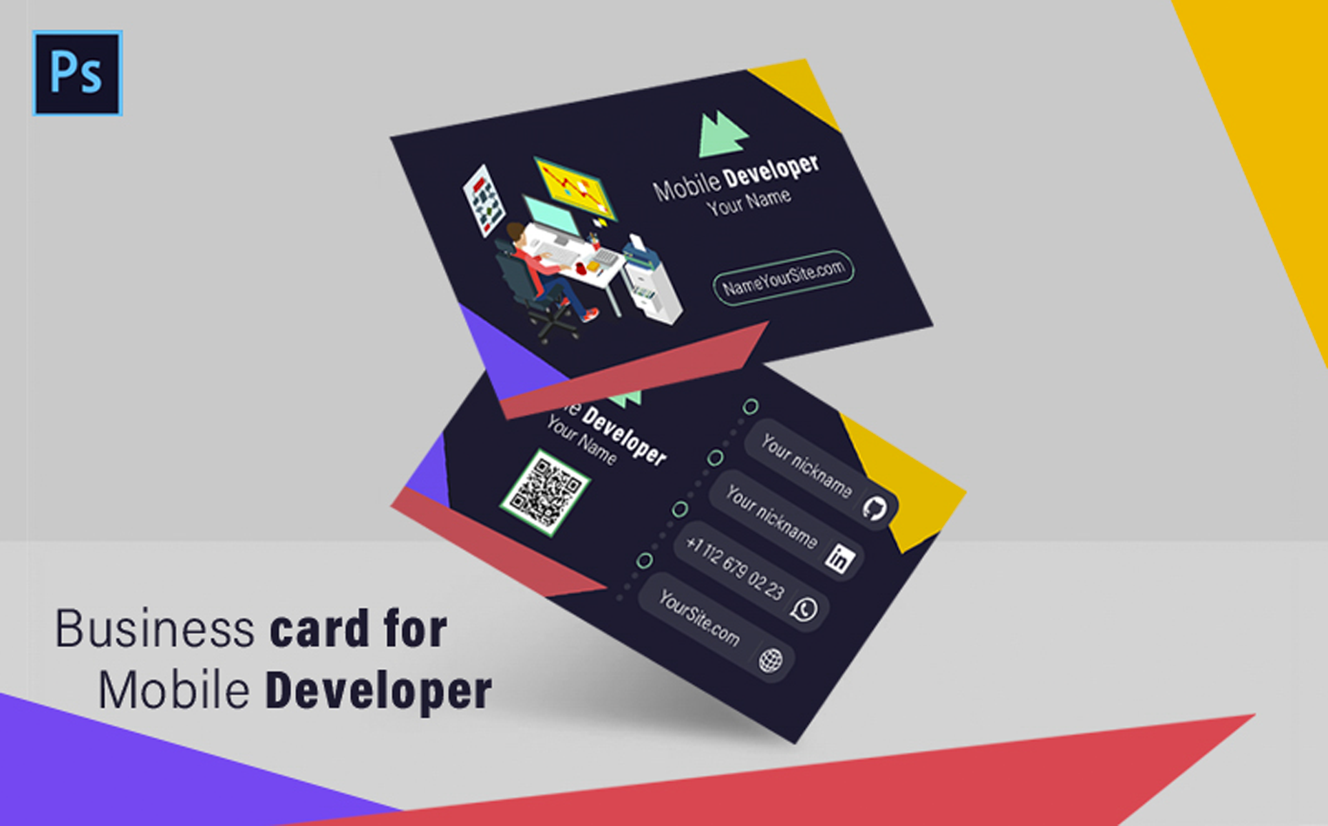 Download Фирменный стиль "Business card for Mobile Developer - Corporate Identity Template" / Business card for Mobile Developer - Corporate Identity Template - Фирменный стиль на тему графика card,businesscard,business,psd,templatepsd,template,forbusiness,developer,mobile,app,mobiledeveloper,file,filepsd